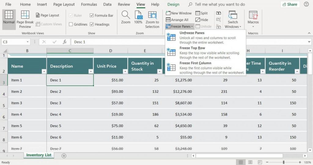 Einfrieren von Spalten und Zeilenüberschriften in Excel